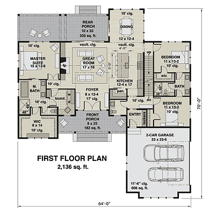 Farmhouse House Plan 41903 with 3 Beds, 3 Baths, 2 Car Garage First Level Plan