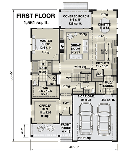 Farmhouse House Plan 41905 with 3 Beds, 3 Baths, 2 Car Garage First Level Plan