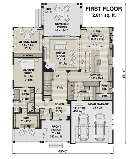 Farmhouse House Plan 41906 with 3 Beds, 3 Baths, 2 Car Garage First Level Plan