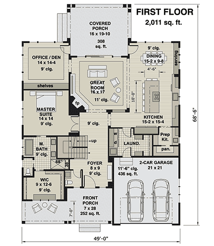 Farmhouse House Plan 41907 with 4 Beds, 4 Baths, 2 Car Garage First Level Plan
