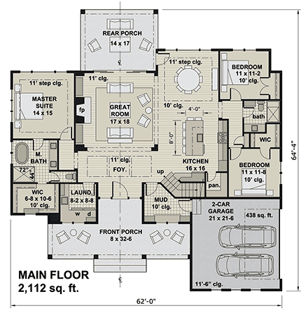 Farmhouse House Plan 41909 with 3 Beds, 2 Baths, 2 Car Garage First Level Plan