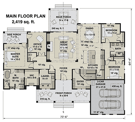 Farmhouse House Plan 41910 with 3 Beds, 3 Baths, 2 Car Garage First Level Plan