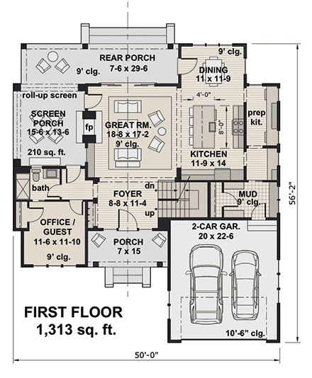 Country, Craftsman, Farmhouse House Plan 41916 with 4 Beds, 3 Baths, 2 Car Garage First Level Plan