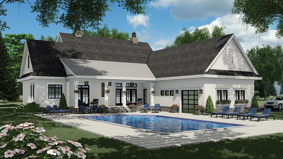 Country, Farmhouse House Plan 41918 with 3 Beds, 4 Baths, 3 Car Garage Rear Elevation