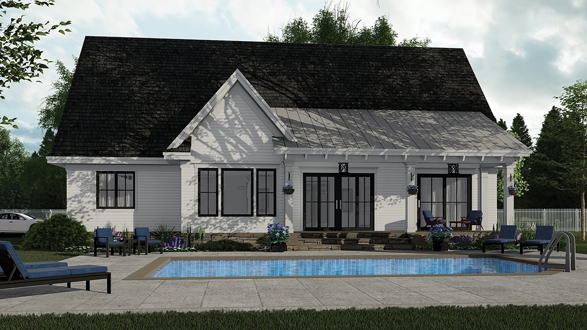 Country, Farmhouse Plan with 2046 Sq. Ft., 3 Bedrooms, 3 Bathrooms, 2 Car Garage Rear Elevation