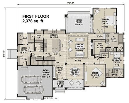 Farmhouse House Plan 41925 with 4 Beds, 4 Baths, 2 Car Garage First Level Plan