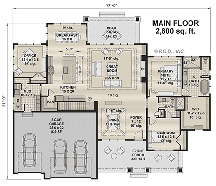 Country, Traditional House Plan 41930 with 2 Beds, 2 Baths, 3 Car Garage First Level Plan