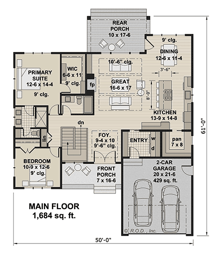 Contemporary, Farmhouse House Plan 41931 with 2 Beds, 2 Baths, 2 Car Garage First Level Plan
