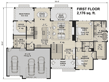 Contemporary, Farmhouse, New American House Plan 41940 with 2 Beds, 3 Baths, 3 Car Garage First Level Plan