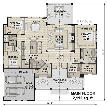 Contemporary, Country, Farmhouse, New American, Ranch, Traditional House Plan 41957 with 3 Beds, 2 Baths, 2 Car Garage First Level Plan