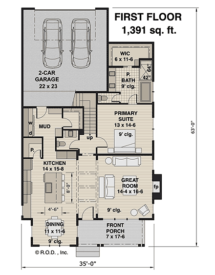 Bungalow, Cottage, Country, Craftsman, Traditional House Plan 41961 with 3 Beds, 4 Baths, 2 Car Garage First Level Plan