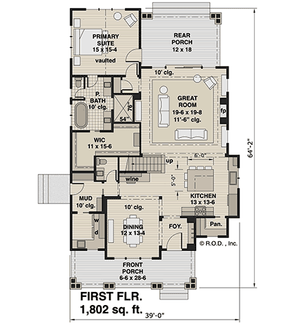 Country, Craftsman, Farmhouse House Plan 41962 with 3 Beds, 4 Baths First Level Plan