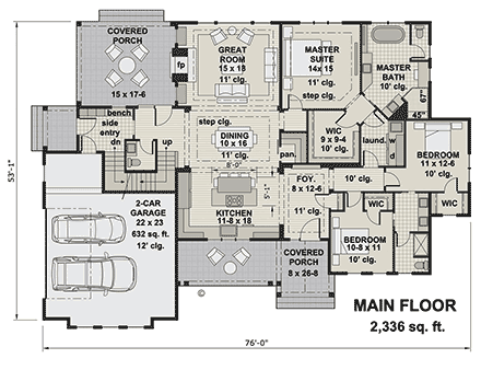 Country, Farmhouse, New American, Southern House Plan 41963 with 3 Beds, 2 Baths, 2 Car Garage First Level Plan