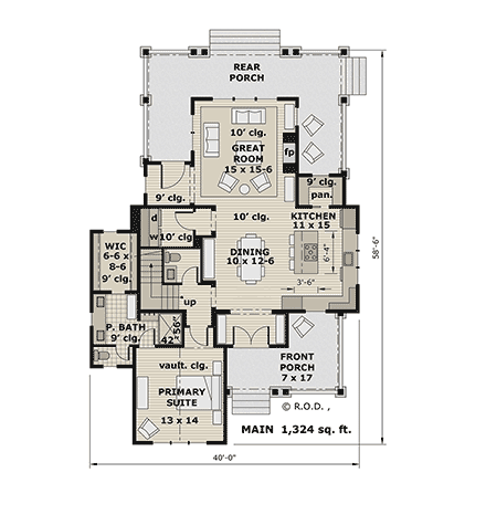 Cottage, Country, Farmhouse House Plan 41969 with 3 Beds, 4 Baths First Level Plan