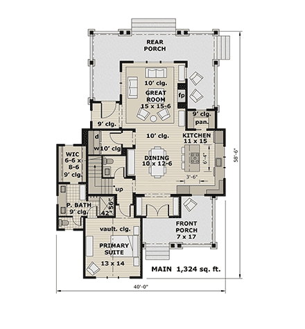 Contemporary, Country, Farmhouse House Plan 41970 with 3 Beds, 4 Baths First Level Plan