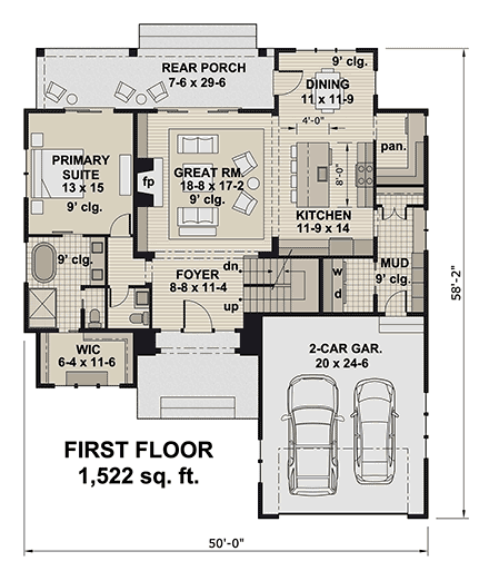 Contemporary, Country, Farmhouse House Plan 41984 with 4 Beds, 4 Baths, 2 Car Garage First Level Plan