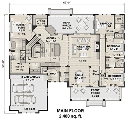 Contemporary, Country, Farmhouse, New American, Traditional House Plan 41993 with 3 Beds, 4 Baths, 2 Car Garage First Level Plan