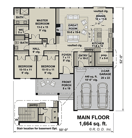 Cottage, Country, Craftsman, Farmhouse, New American, Ranch House Plan 41998 with 3 Beds, 2 Baths, 2 Car Garage First Level Plan