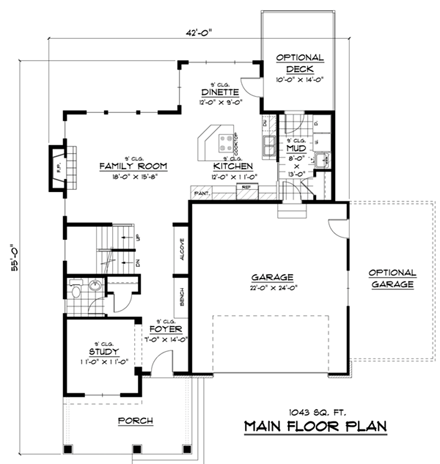 Craftsman, European, Narrow Lot, Traditional House Plan 42053 with 3 Beds, 3 Baths, 2 Car Garage First Level Plan
