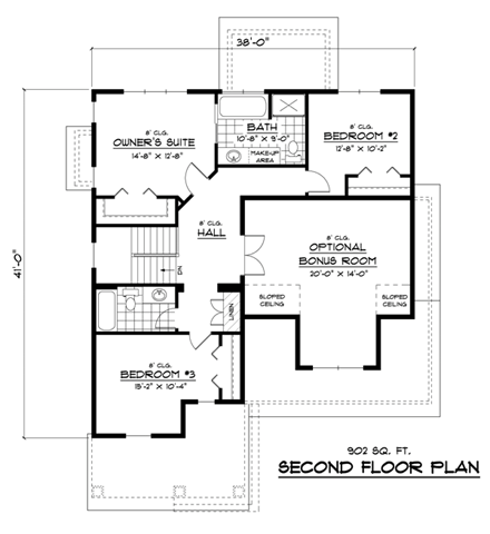 Craftsman, European, Narrow Lot, Traditional House Plan 42053 with 3 Beds, 3 Baths, 2 Car Garage Second Level Plan