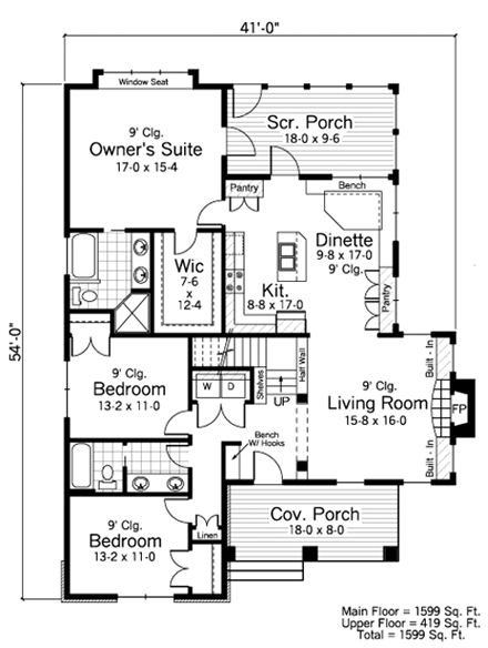 Cottage, Ranch, Traditional House Plan 42500 with 3 Beds, 2 Baths First Level Plan