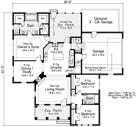 European, Ranch, Traditional House Plan 42503 with 3 Beds, 2 Baths, 2 Car Garage First Level Plan