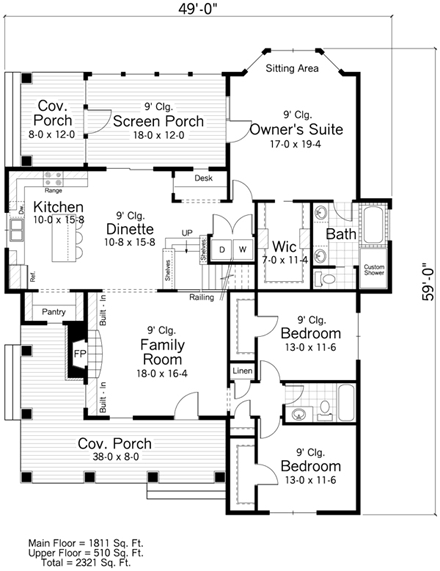 Cottage, Farmhouse, Ranch, Traditional House Plan 42504 with 3 Beds, 2 Baths First Level Plan
