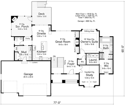 Craftsman, Traditional House Plan 42505 with 2 Beds, 2 Baths, 3 Car Garage First Level Plan