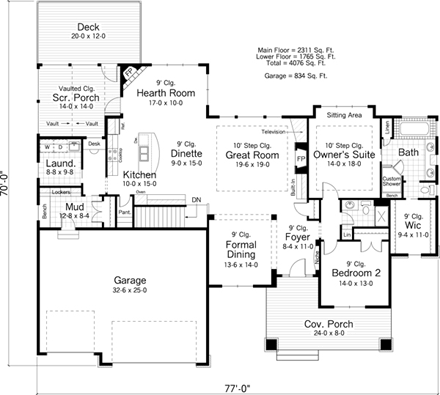 Craftsman, Ranch, Traditional House Plan 42509 with 2 Beds, 2 Baths, 3 Car Garage First Level Plan