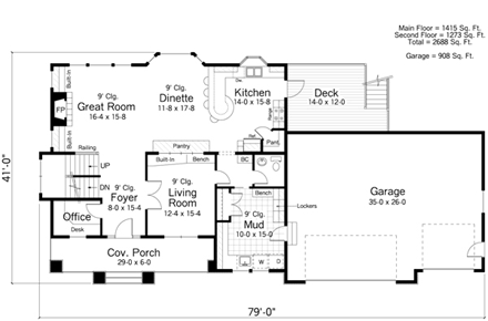 Farmhouse, Traditional House Plan 42511 with 3 Beds, 3 Baths, 3 Car Garage First Level Plan