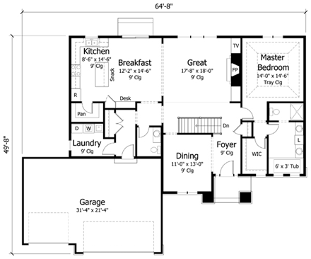 Cottage, Country, Craftsman, European, Ranch, Traditional House Plan 42547 with 1 Beds, 2 Baths, 3 Car Garage First Level Plan
