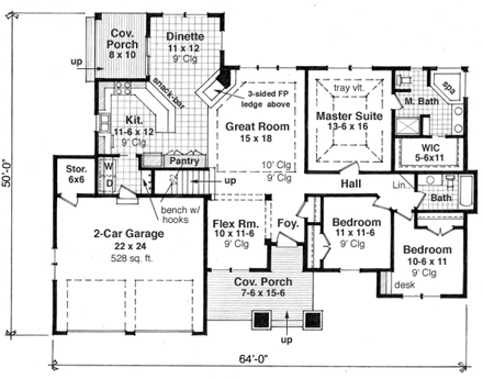 Craftsman House Plan 42613 with 3 Beds, 2 Baths, 2 Car Garage First Level Plan