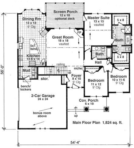 Traditional House Plan 42616 with 3 Beds, 2 Baths, 2 Car Garage First Level Plan