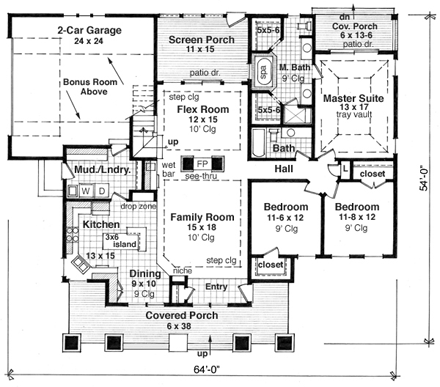 Bungalow, Cottage, Craftsman, Traditional House Plan 42618 with 3 Beds, 2 Baths, 2 Car Garage First Level Plan