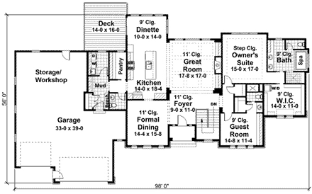 House Plan 42648 with 4 Beds, 5 Baths, 4 Car Garage First Level Plan