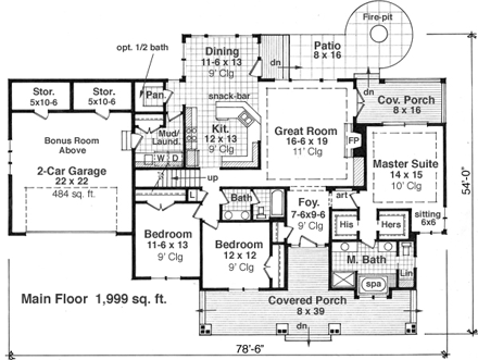 Craftsman, European House Plan 42650 with 3 Beds, 3 Baths, 2 Car Garage First Level Plan