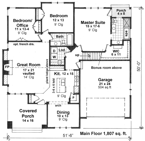 Craftsman, European House Plan 42651 with 3 Beds, 2 Baths, 2 Car Garage Level One
