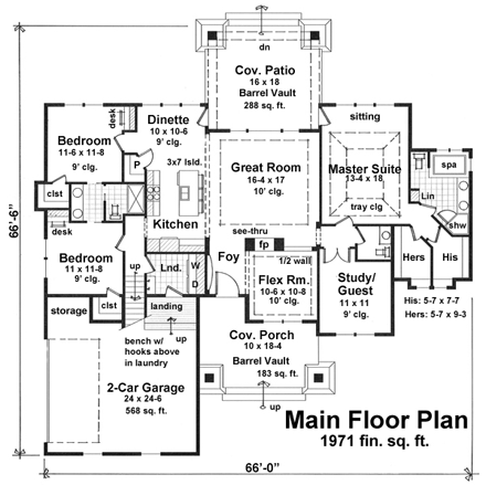 Craftsman House Plan 42652 with 3 Beds, 3 Baths, 2 Car Garage First Level Plan
