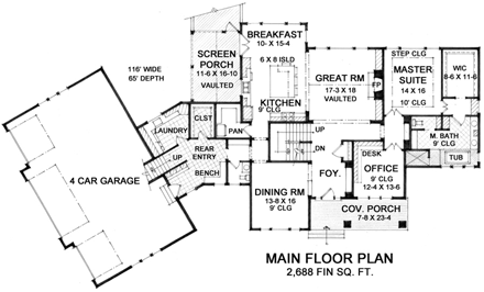 House Plan 42655 with 2 Beds, 2 Baths, 4 Car Garage First Level Plan