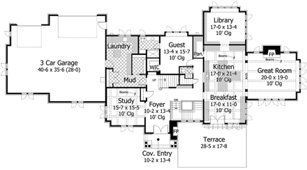 House Plan 42666 with 3 Beds, 4 Baths, 3 Car Garage First Level Plan