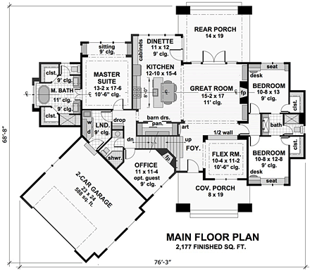 Bungalow, Cottage, Craftsman, Tudor House Plan 42675 with 3 Beds, 3 Baths, 2 Car Garage First Level Plan