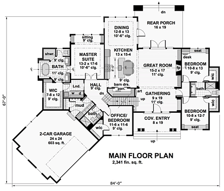 Bungalow, Cottage, Craftsman, French Country, Tudor House Plan 42679 with 4 Beds, 3 Baths, 2 Car Garage First Level Plan