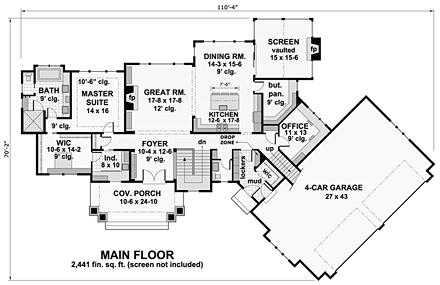 Bungalow, Craftsman, European House Plan 42681 with 4 Beds, 4 Baths, 4 Car Garage First Level Plan