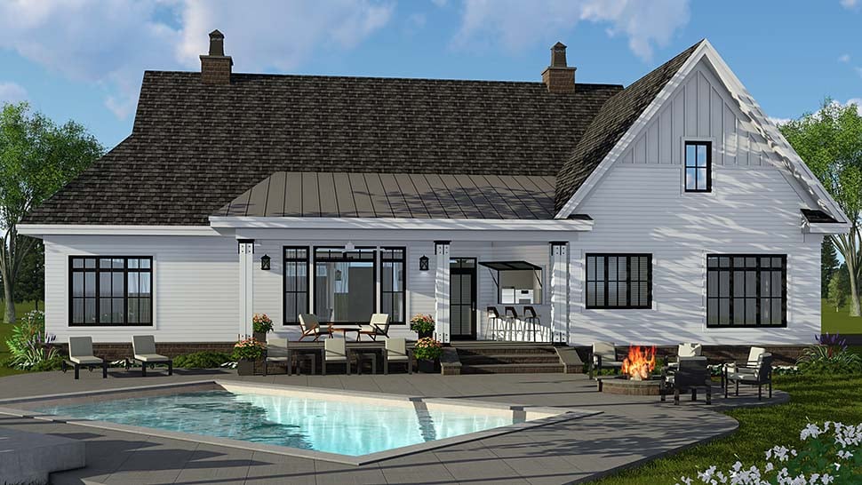 Country, Craftsman, Farmhouse Plan with 2514 Sq. Ft., 4 Bedrooms, 4 Bathrooms, 2 Car Garage Rear Elevation