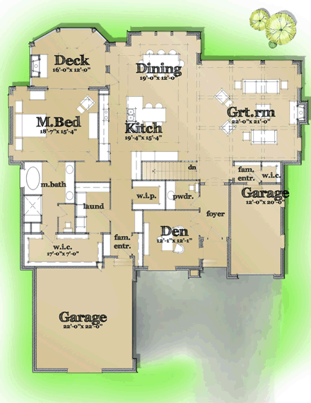 Craftsman, European House Plan 42805 with 1 Beds, 2 Baths, 3 Car Garage First Level Plan