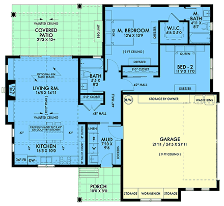Country, Farmhouse, Ranch House Plan 42903 with 2 Beds, 2 Baths, 2 Car Garage First Level Plan