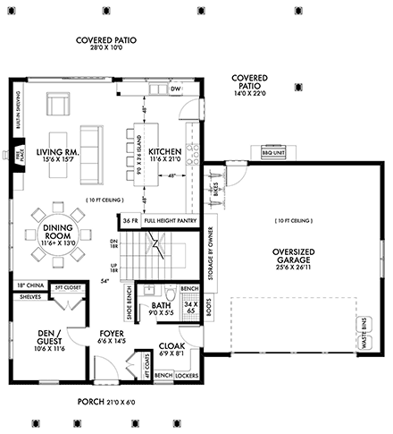 Country, Farmhouse House Plan 42905 with 4 Beds, 3 Baths, 2 Car Garage First Level Plan