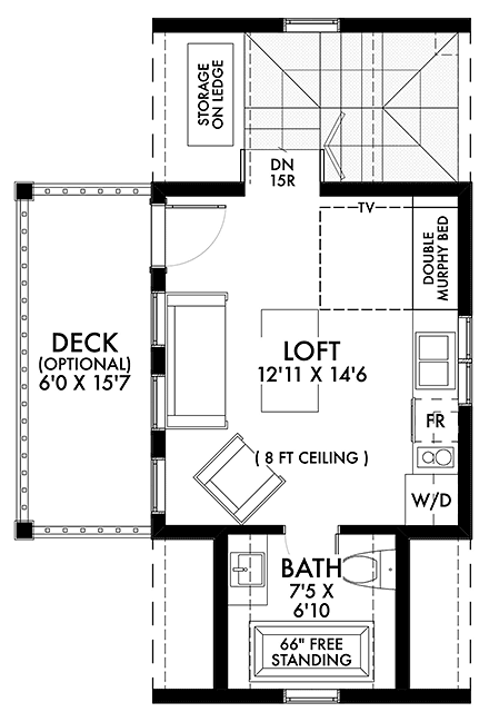 A-Frame, Tudor Garage-Living Plan 42907 with 1 Beds, 1 Baths, 2 Car Garage Second Level Plan