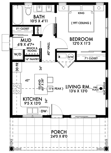 Cabin, Farmhouse House Plan 42920 with 1 Beds, 1 Baths First Level Plan