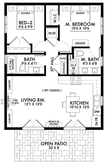 Cottage, Country, Farmhouse House Plan 42922 with 2 Beds, 2 Baths First Level Plan